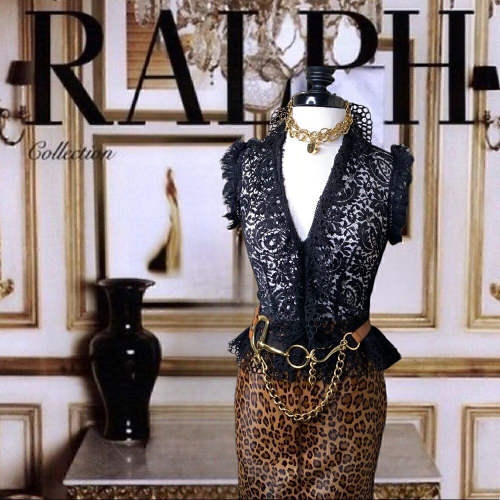 Ralph Lauren Black Lace & Ruffle Peplum Blouse
